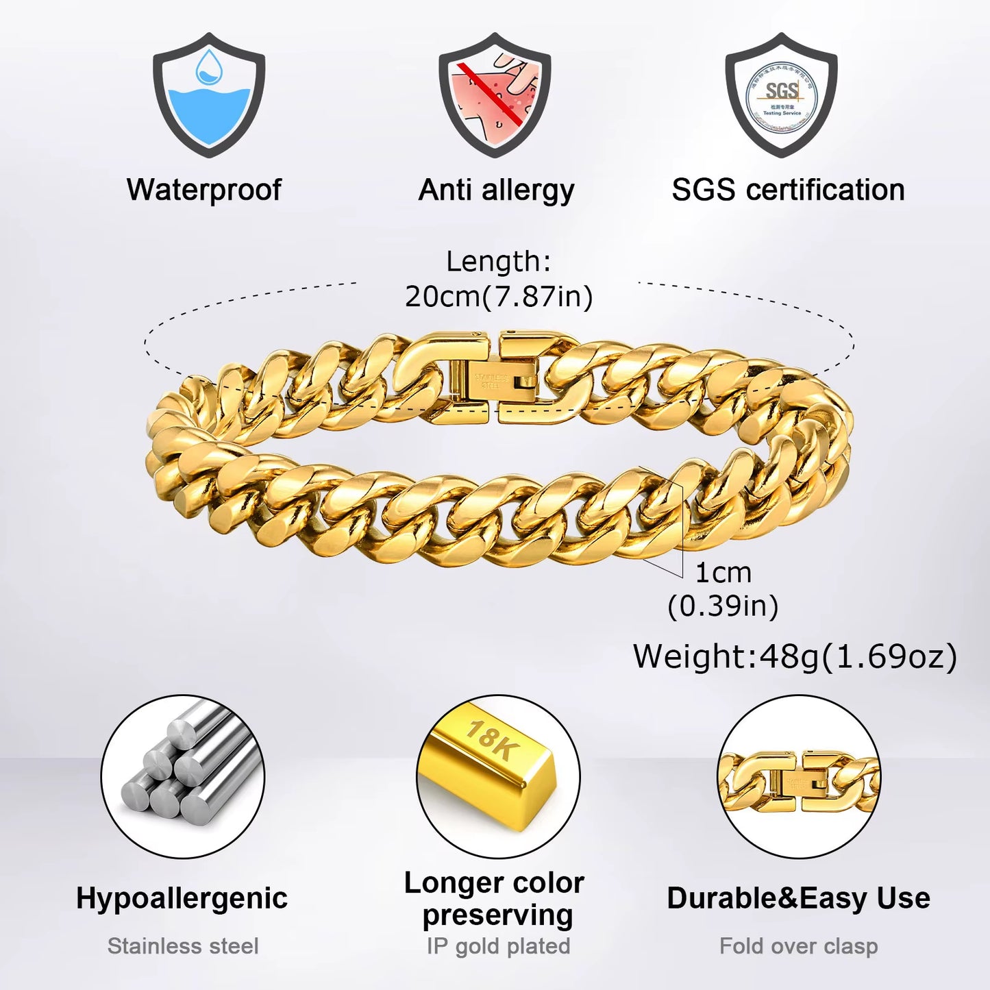Gold Color Cuban Chain Bracelets for Men,6/8/10/12Mm Stainless Steel Chain Link Wristband,Casual Hip Hop Male Jewelry Gift