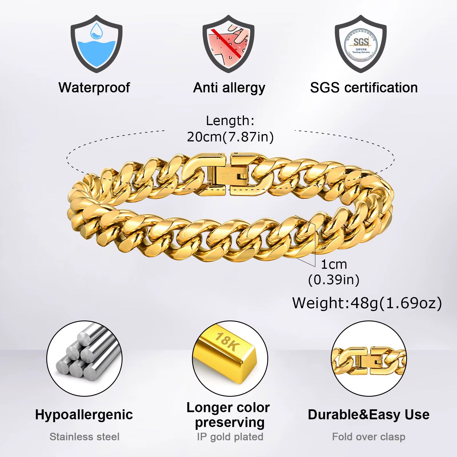 Gold Color Cuban Chain Bracelets for Men,6/8/10/12Mm Stainless Steel Chain Link Wristband,Casual Hip Hop Male Jewelry Gift